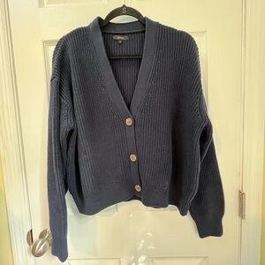 Quince Women 100% Organic Cotton Fisherman Boxy Cropped Cardigan Navy M